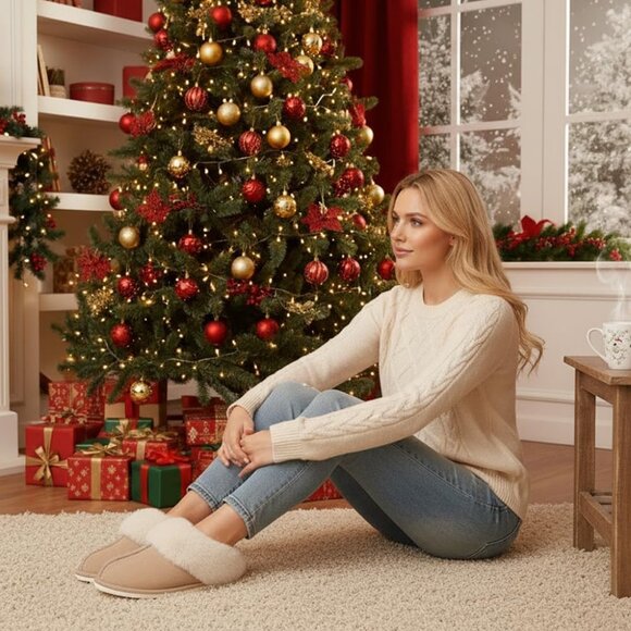 Women's Tan Fluffy Cozy Winter Warm Memory Foam Slip On Slippers Shoes - Picture 2 of 6